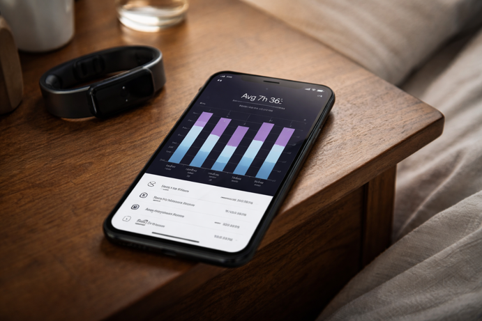 smartphone displaying sleep tracking app with weekly sleep trend graph