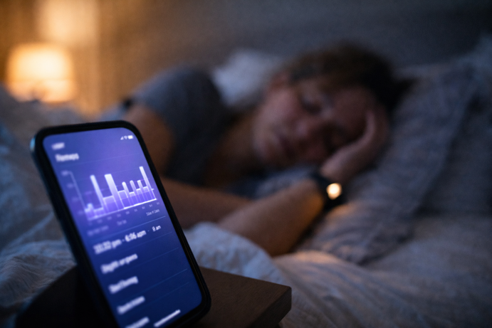 smartphone displaying sleep tracking data with bar graph while person sleeps wearing fitness tracker