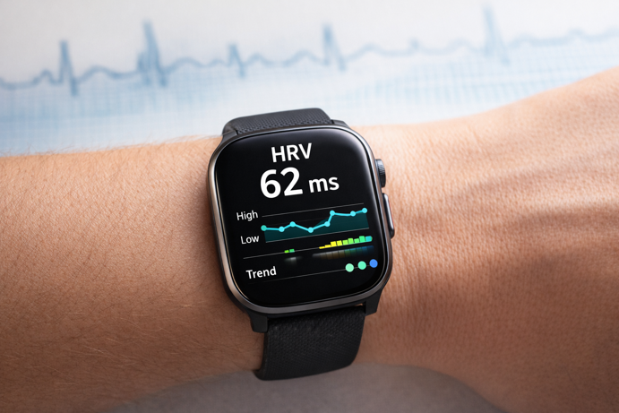 smartwatch displaying hrv reading of 62ms with trend graph on wrist