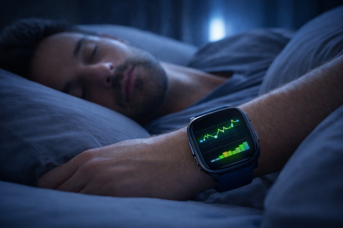 smartwatch tracking hrv during sleep showing heart rate variability waveform and trend data