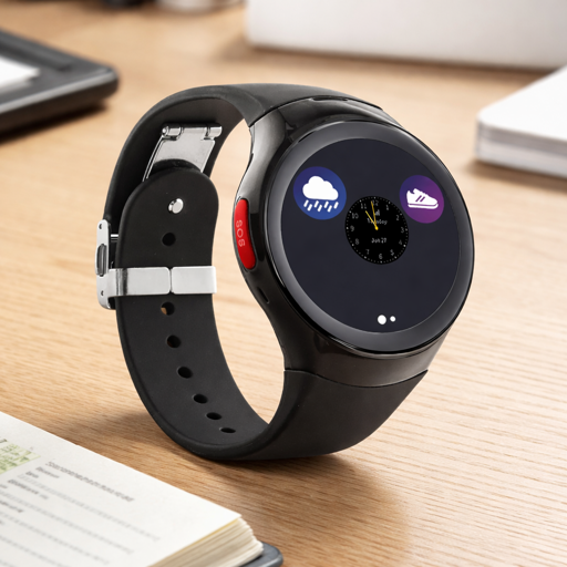 sos smartwatch by bay alarm medical with red sos button on desk
