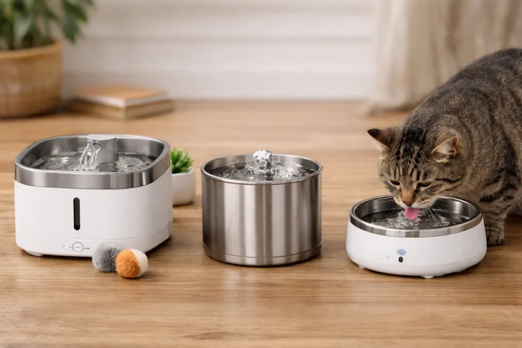 stainless steel cat water fountains on wooden floor with cat drinking
