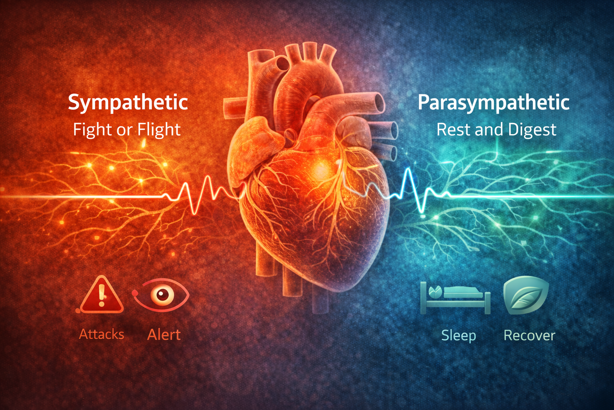 sympathetic and parasympathetic nervous system showing fight or flight versus rest and digest heart rate patterns