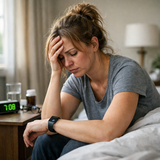 tired woman checking fitness tracker after poor night sleep, despite tracking data