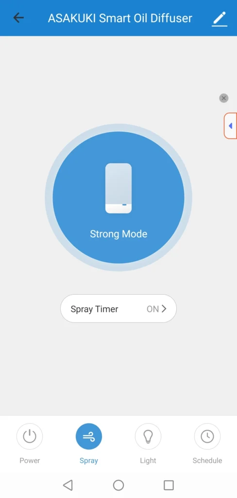 tuya smart app spray screen showing strong mode selected and spray timer enabled for the asakuki diffuser