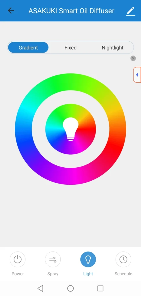 tuya smart app light screen showing full color wheel with gradient, fixed and nightlight mode options for the asakuki diffuser