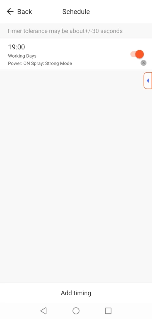 tuya smart app schedule screen showing 7:00 PM weekday automation set to power on spray in strong mode