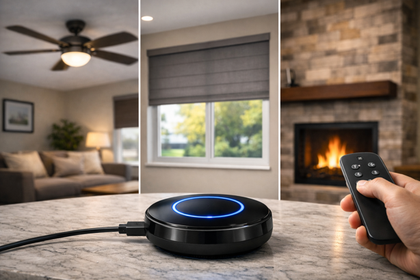 bond bridge controlling ceiling fan, motorized shades and fireplace