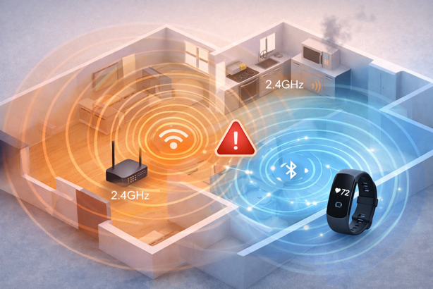 home layout showing wi-fi and bluetooth both operating on 2.4ghz band with interference warning