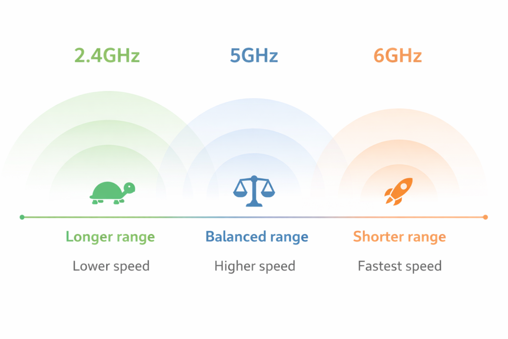 wi-fi frequency comparison showing 2.4ghz, 5ghz and 6ghz range versus speed trade-offs