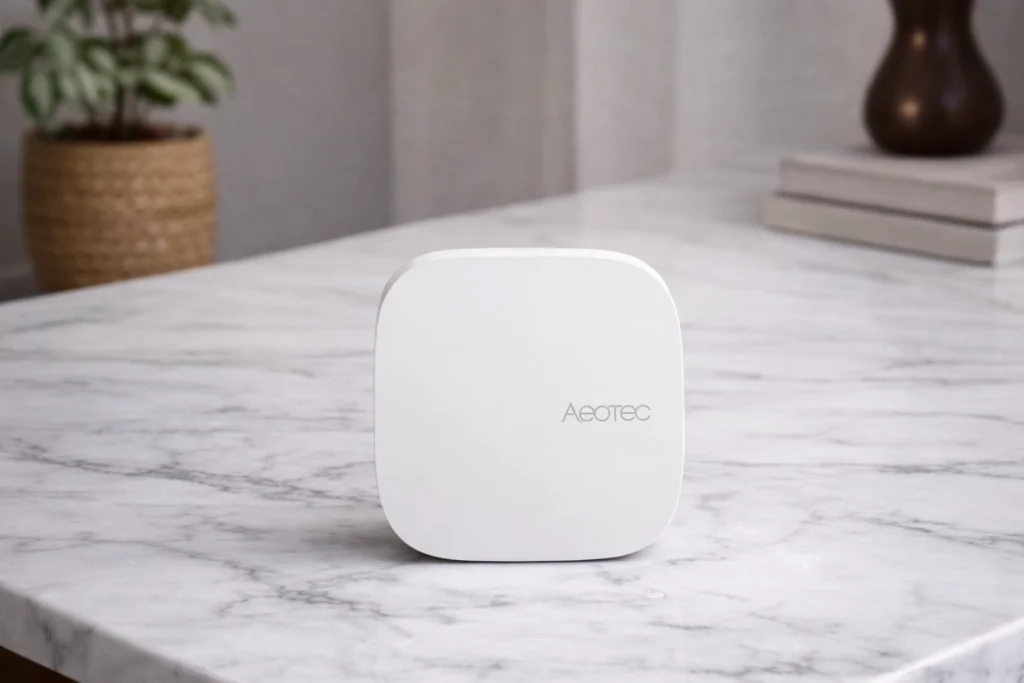 aeotec smart home hub smartthings compatible zigbee hub on a marble surface