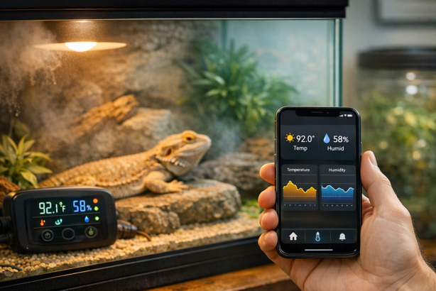 bearded dragon terrarium with smartphone app monitoring temperature and humidity