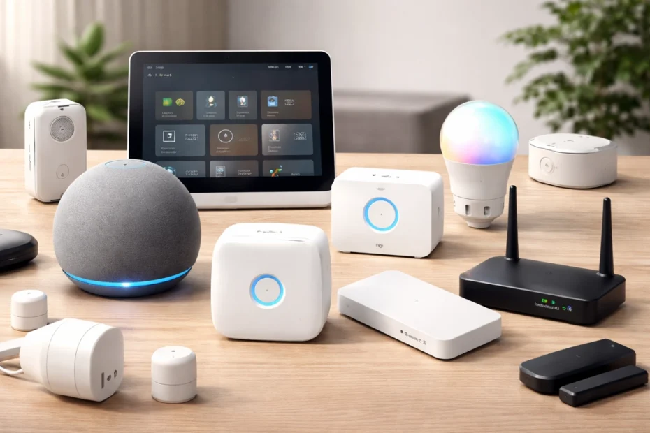collection of zigbee hubs and smart home devices on a wooden surface