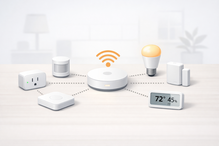 diagram showing zigbee mesh network with smart home devices connected to central hub