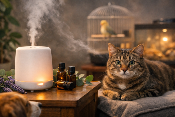 essential oil diffuser with cat, dog and bird in a cosy home setting