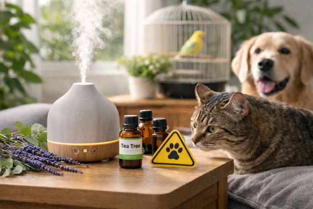 essential oil diffuser with tea tree oil and pet warning sign, with cat, dog and bird in background