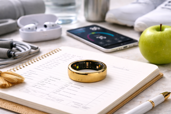gold smart ring on health tracking journal