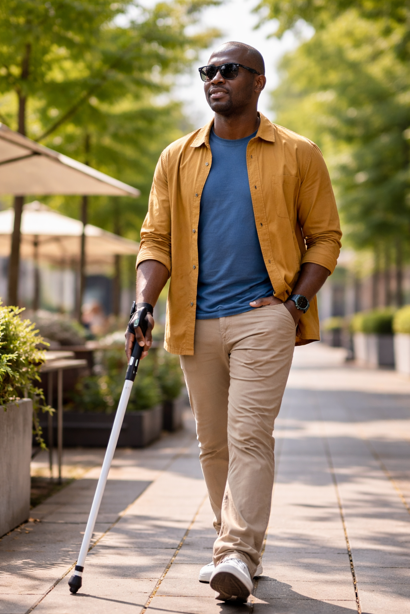 man with visual impairment using white cane for navigation in urban environment