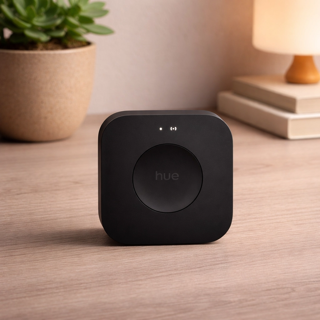 philips hue bridge pro black smart home hub on a wooden surface