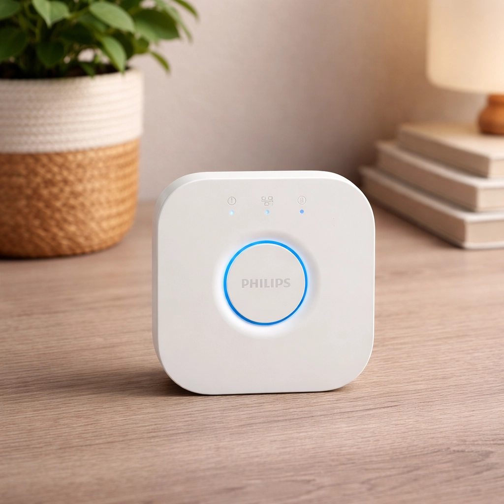 philips hue bridge white smart home hub on a wooden surface