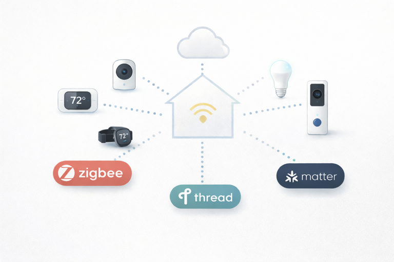 smart home devices connected via zigbee, thread and matter protocols