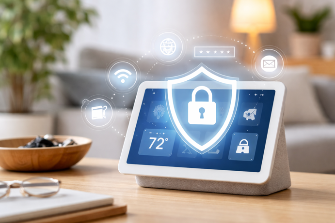 smart home display showing security features including password protection and encrypted connections