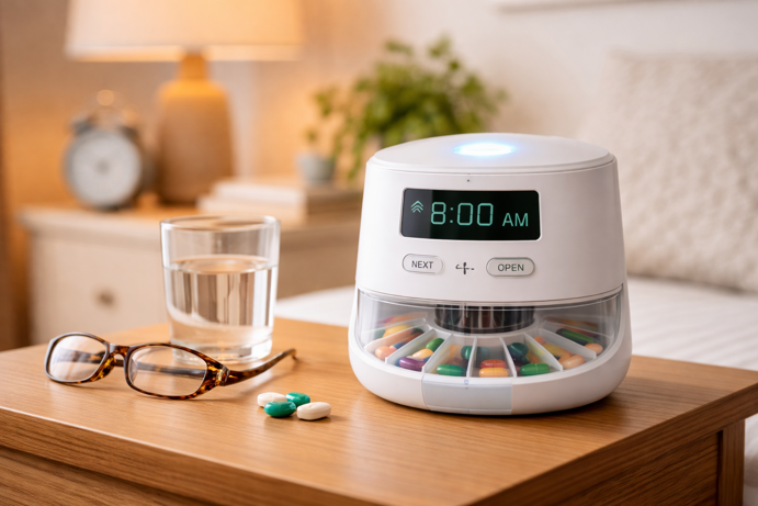 smart medication dispenser with digital display showing scheduled dose time and pill compartments