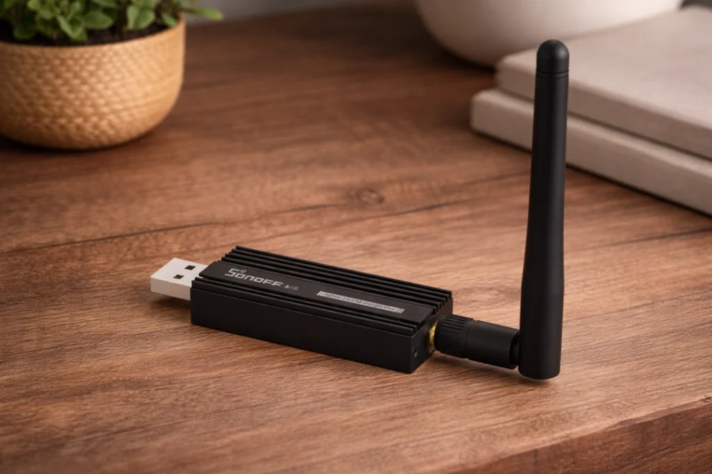 sonoff zigbee 3.0 usb dongle plus with external antenna on a wooden surface