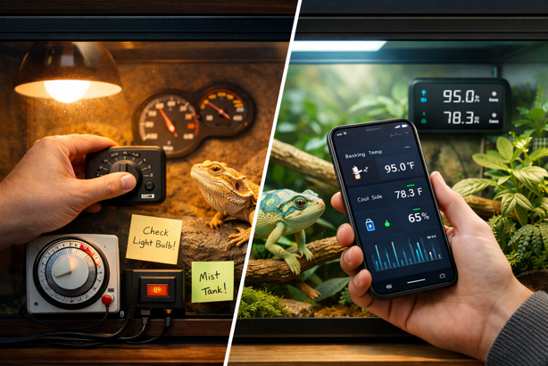 traditional analog terrarium controls versus smart automated monitoring app