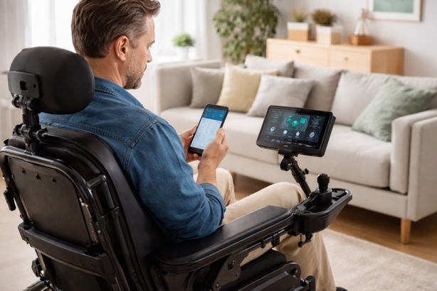 wheelchair user controlling smart home devices via mounted tablet and smartphone