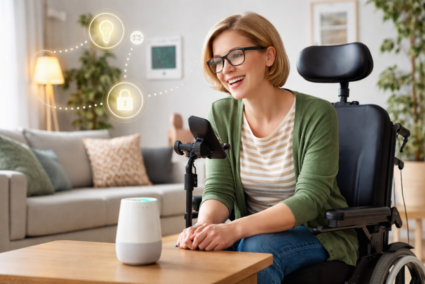 woman in wheelchair using voice assistant to control smart home devices in accessible living room
