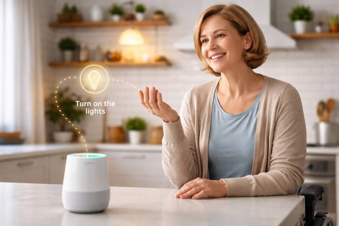 woman using voice command to control smart home lighting via voice assistant