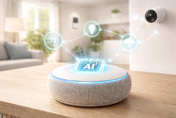 ai-powered smart speaker with edge computing chip connecting to smart home devices including thermostat, lighting and security camera