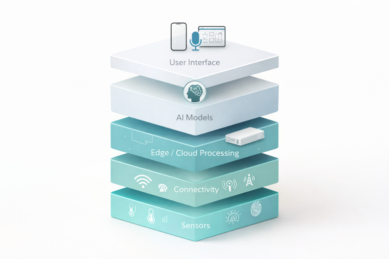 aiot architecture diagram showing layered components from sensors and connectivity through to ai models and user interface