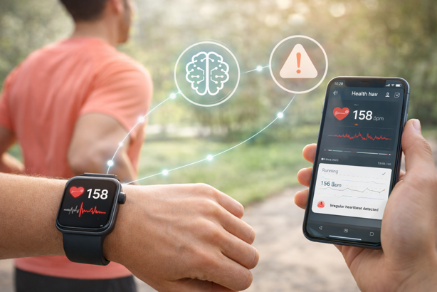 aiot health monitoring with smartwatch detecting irregular heartbeat and sending alert to smartphone health app