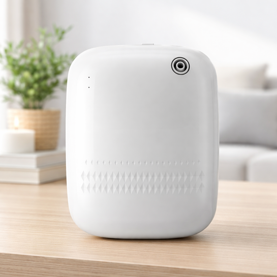 airversa scenta xl smart nebulizing diffuser on a wooden shelf in a bright living room setting