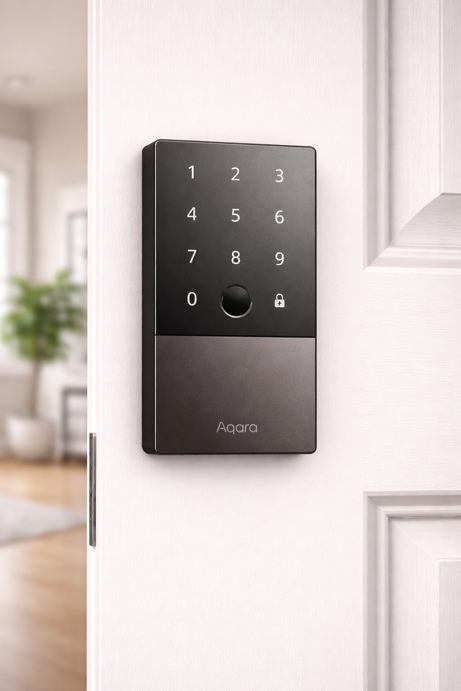 aqara u100 smart lock with fingerprint sensor and touchscreen keypad on exterior door