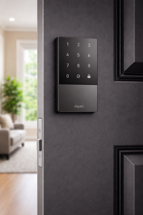 aqara u50 smart lock with touchscreen keypad installed on dark exterior door