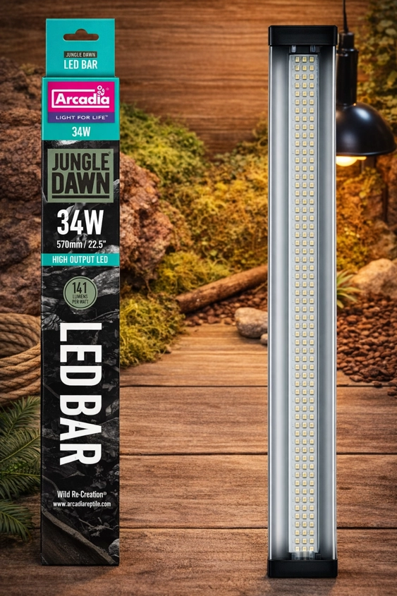 arcadia jungle dawn 34w led bar 22.5 inch high output full spectrum vivarium light with retail packaging