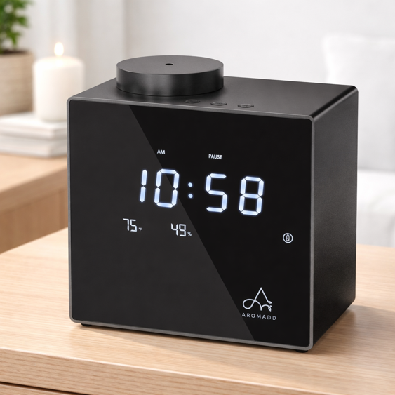 aromadd u2 smart nebulizing diffuser displaying clock, temperature and humidity readings on a bedside table