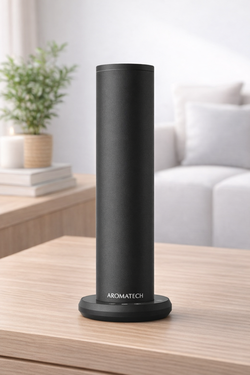 aromatech aromini bt plus cold-air nebulizing diffuser on a wooden surface in a modern living room