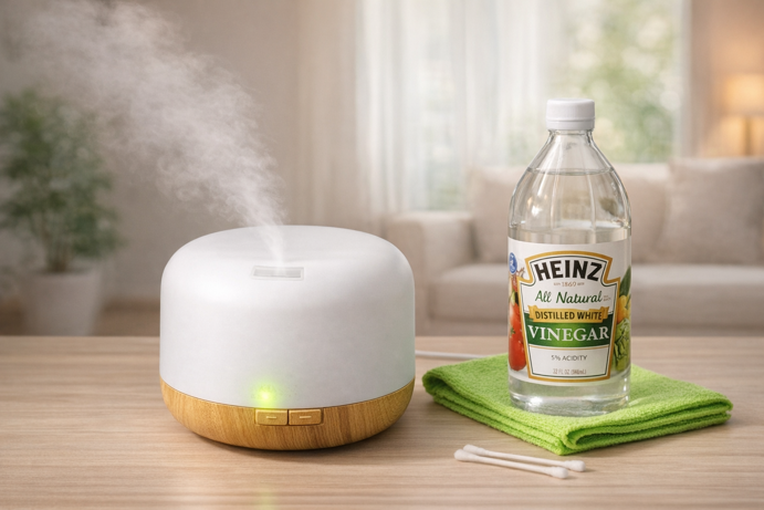 asakuki essential oil diffuser with heinz white vinegar, cloth and cotton swabs for cleaning