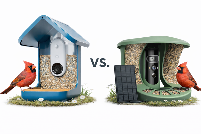 blue house-shaped smart bird feeder versus green curved smart bird feeder with detachable solar panel