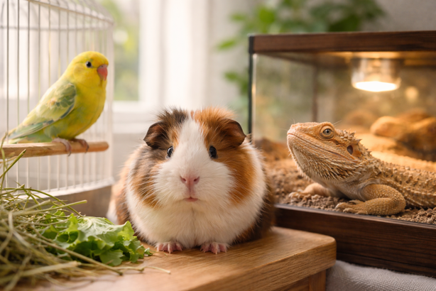 budgie, guinea pig and bearded dragon, representing small pets sensitive to essential oils