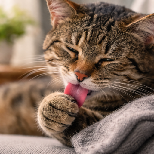 cat grooming its paw, illustrating how essential oil residue can be ingested