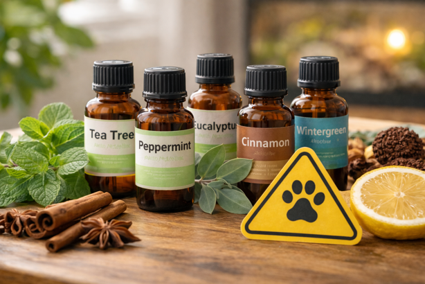 essential oil bottles including tea tree, peppermint and cinnamon with a pet warning sign