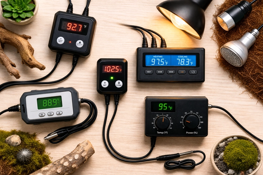 five reptile thermostat controllers with probes and temperature displays