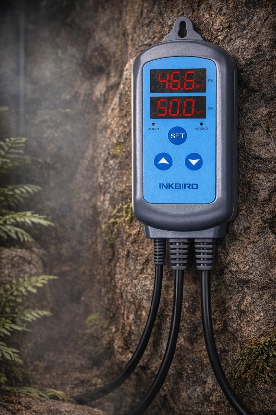 inkbird ihc-200 humidity controller displaying current and target rh with dual outlet cables
