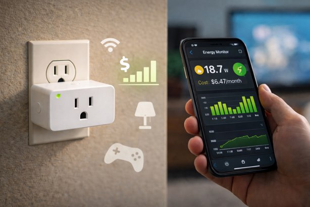 matter smart plug in wall outlet, showing energy monitoring app with real-time wattage and monthly cost