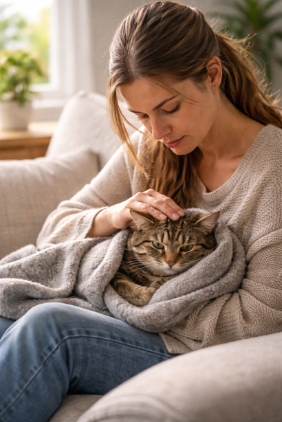 person sitting with a cat wrapped in a blanket on a sofa